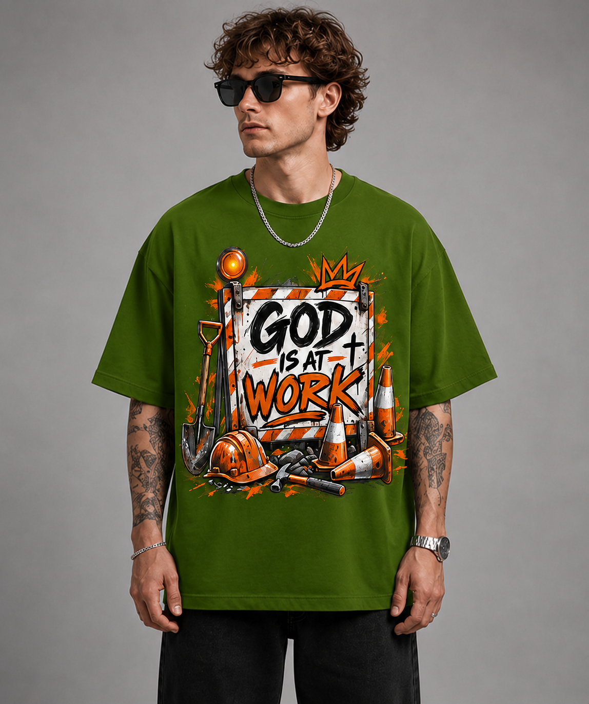 God Is At Work Graphic Oversized T-Shirt | 220 GSM | 100% Cotton