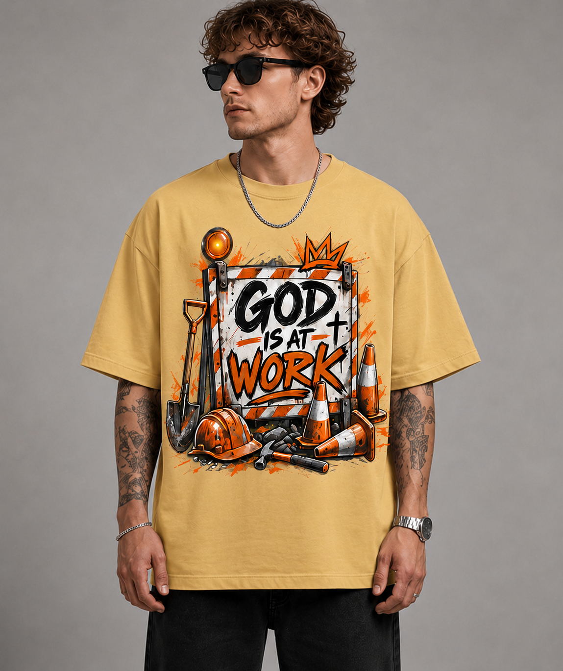 God Is At Work Graphic Oversized T-Shirt | 220 GSM | 100% Cotton