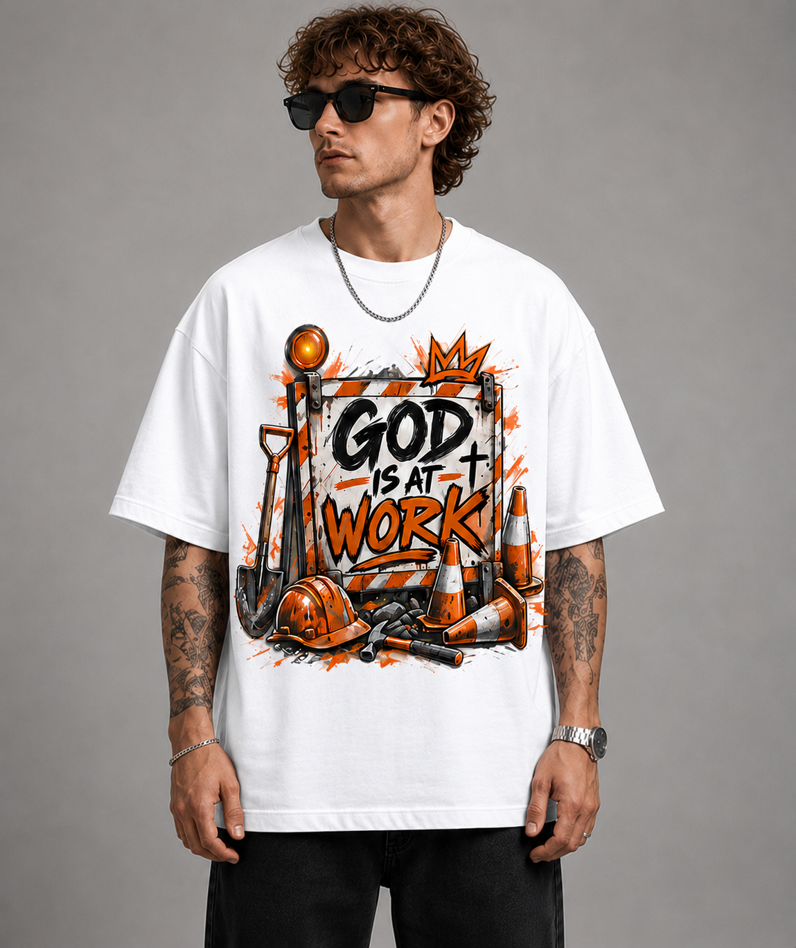 God Is At Work Graphic Oversized T-Shirt | 220 GSM | 100% Cotton